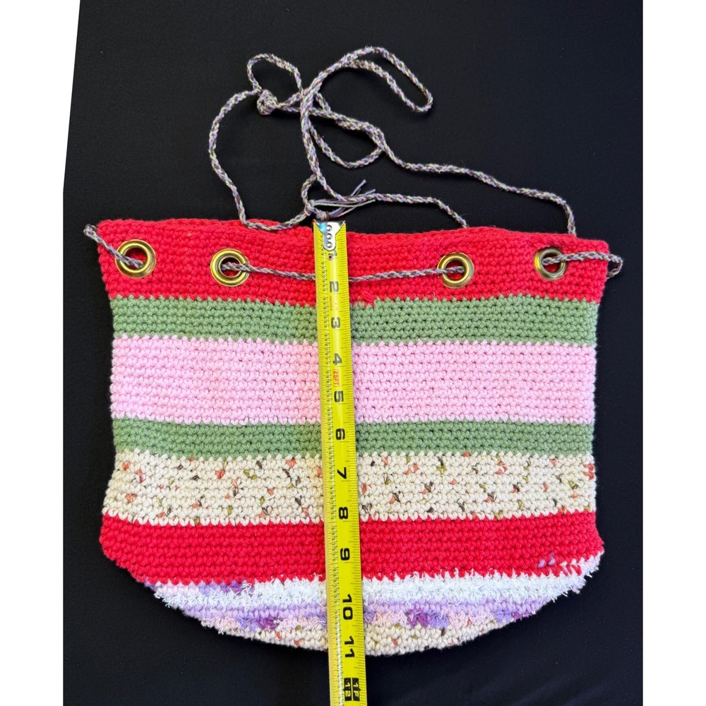 Handcrafted Crochet Bucket Bag Pink Green Striped Boho Drawstring Purse Whimsy - Picture 8 of 12